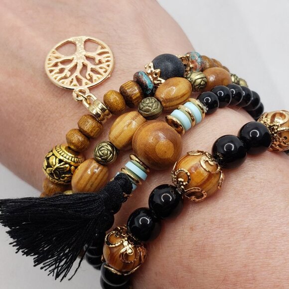 Multilayer Bracelet Tassel Tree of Life Shape Pendant Handmade Beads Stretchy Br - Picture 7 of 16